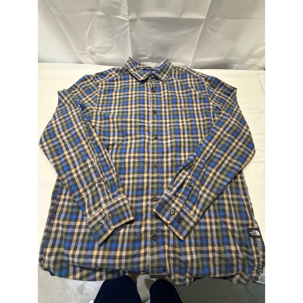 The North Face Mens Large Blue Green Plaid Long Sleeve Button Down Flannel Shirt